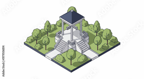 Isometric view of a gazebo in a park setting.