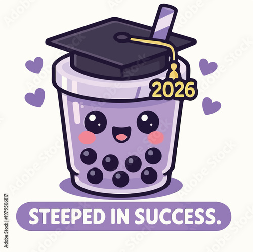 Adorable cartoon bubble tea character celebrates academic achievement wearing a graduation cap with a "2026" tassel, symbolizing success.