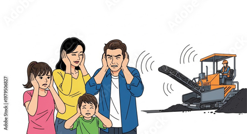 Family covering ears from loud construction noise pollution.