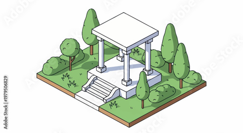 Isometric White Gazebo Structure Surrounded by Green Trees and Bushes.