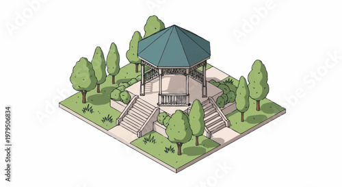 Isometric park gazebo surrounded by trees and stairs.