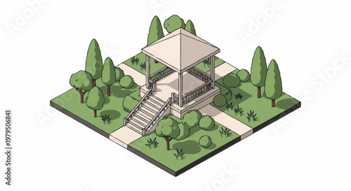 Isometric gazebo structure in a park setting with trees and paths.