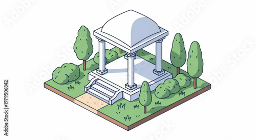 Isometric White Gazebo Structure in a Garden Setting.