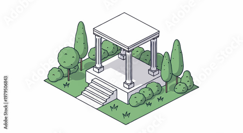 Isometric illustration of a classical gazebo structure surrounded by greenery.
