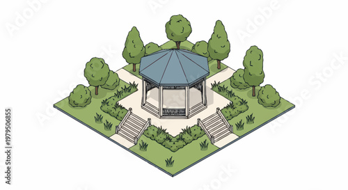 Isometric view of a charming park gazebo surrounded by manicured trees and gardens.