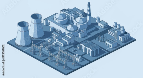 Modern Nuclear Power Plant Isometric View.
