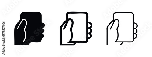 Hand Holding Smartphone Icon Set - Solid and Outline Minimalist Vector Illustration