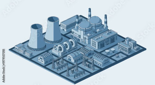 Modern Industrial Power Plant Complex Isometric View.