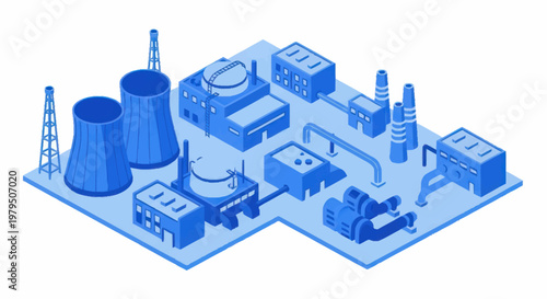 Modern Industrial Power Plant Facility with Cooling Towers and Structures.
