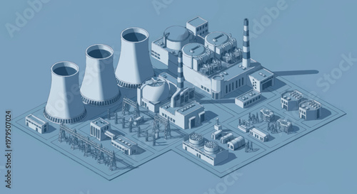 Industrial power plant complex with cooling towers and machinery.