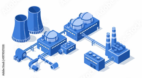 Industrial Power Plant with Cooling Towers and Smokestacks.