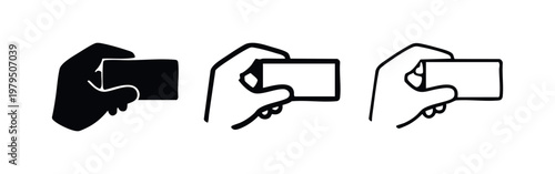 Hand Holding Business Card or Credit Card Icon Set - Solid and Outline Vector
