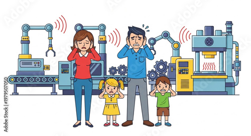 Family covering ears from loud factory noise pollution.