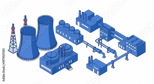 Modern Industrial Power Plant Complex with Cooling Towers.