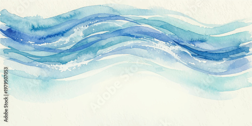 Abstract watercolor painting of flowing blue ocean waves with layered brushstrokes and varying shades of azure turquoise and navy blue on a textured off white paper background
