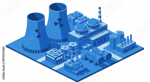 Modern Nuclear Power Plant Facility Isometric Illustration.