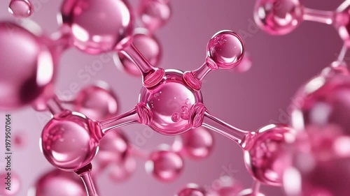 A detailed close-up view of pink molecular structures floating in a gradient purple environment.