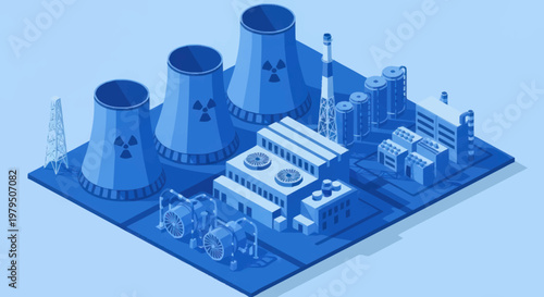 Modern Nuclear Power Plant Facility with Cooling Towers.