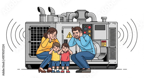 Family covering ears from loud generator noise pollution.
