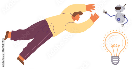Innovation, technology, artificial intelligence, creativity, futuristic ideas, collaboration. A person reaching for a robot near a light bulb. Innovation and technology concepts illustrated through