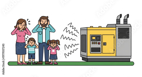 Family covering ears from loud generator noise pollution.