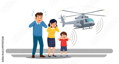 Family covering ears from loud helicopter noise.