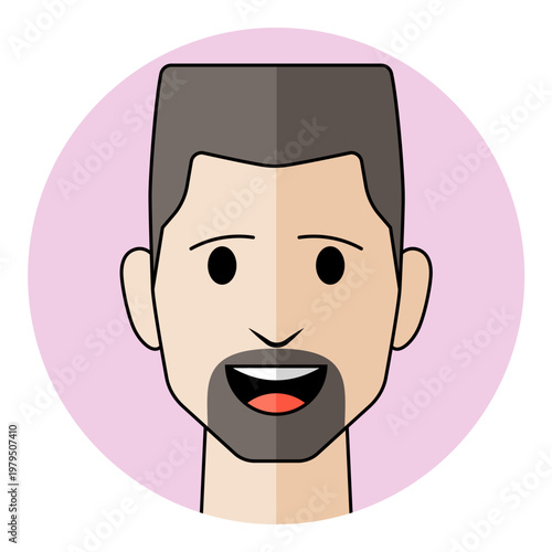 Man face avatar with goatee beard, open mouth and joyful expression in flat style. Male character portrait for talking social media, personal account.