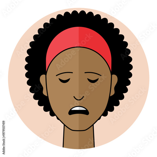Black woman face avatar with closed eyes and sad downcast mouth expression in flat style. Female character portrait with curly hair for unhappy emotion, bad mood, icon.