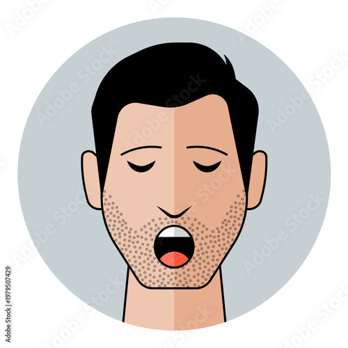 Men flat avatar icon representing fatigue, boredom, burnout, or lack of sleep. Isolated head of a male character with stubble beard on a round background.
