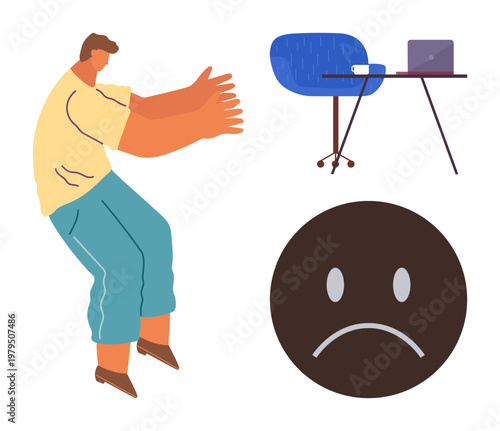 Work-from-home, remote work challenges, digital communication, emotional disconnection, office setup, mental health. Person reaching towards desk, sad face icon. Work-from-home and remote work
