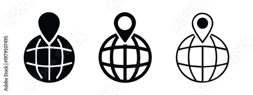 Global location pin icons set, world map with destination marker symbols