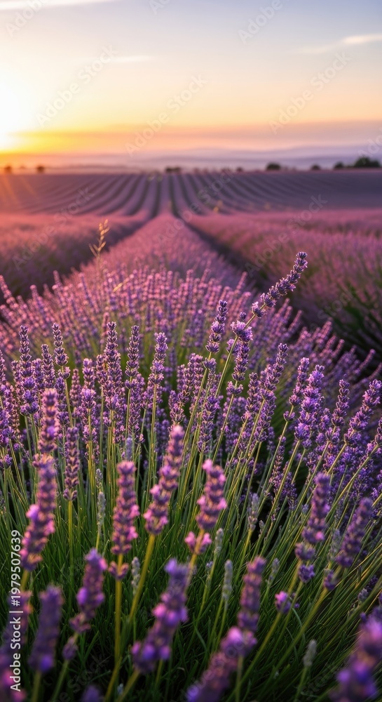Fototapeta premium Lavender Field at Sunset - A Serene Landscape.