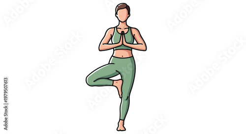 Yoga tree pose vector illustration, woman practicing vrikshasana in green sportswear, female character doing balance exercise for wellness and mindfulness