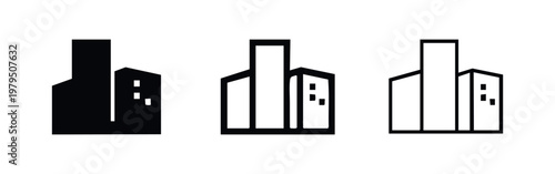 Urban city building icon set, architectural skyline symbols in different line weights