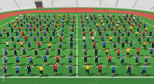 Mass fitness workout in a large sports stadium, crowd of people exercising on a green field vector, group training and synchronized gymnastics event