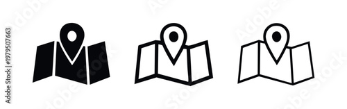Set of map location icons with pin marker in different line weights