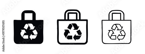 Reusable shopping bag icons with recycle symbol for sustainable living