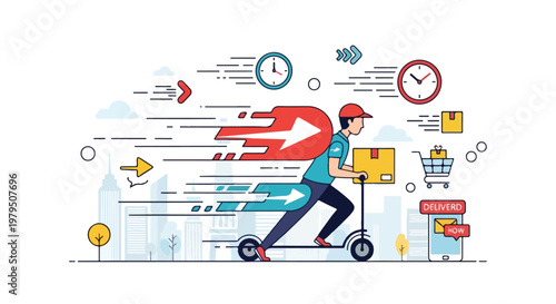 Fast delivery service vector illustration, courier riding electric scooter with cardboard box, express shipping concept with speed motion lines and clocks