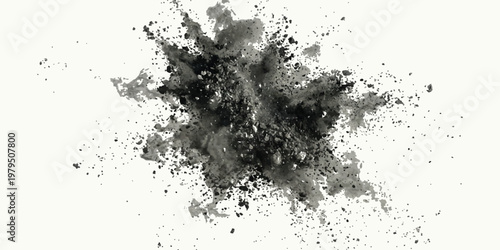Black ink splash explosion with scattered charcoal dust particles and watercolor texture on a plain white background