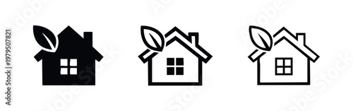 Eco house icons with leaf symbol for sustainable living and green building