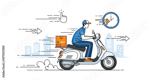 Fast delivery service courier riding white scooter with cardboard box. Express shipping concept with man on motorbike. Quick parcel transport vector illustration.