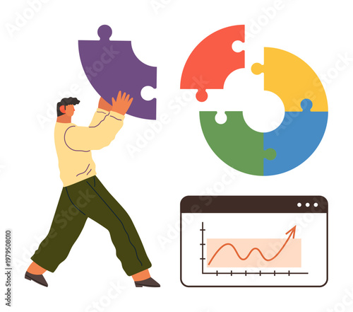 Business strategy, teamwork, goal setting, data analysis, problem solving, collaboration. A man places a puzzle piece, circular puzzle and growth chart. Business strategy and teamwork concept