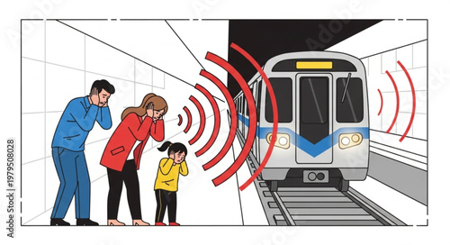 Family covering ears from loud subway train noise.