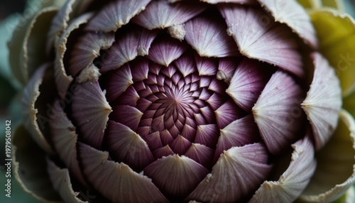 Close-Up View of a Beautiful Spiral Artichoke Flower Displaying Intricate Purple Petals