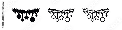 Festive Christmas pine garland icons with hanging decorations and stars