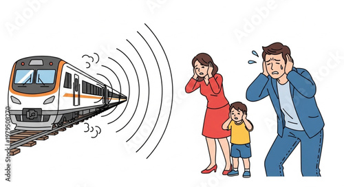 Family covering ears from loud train noise pollution.