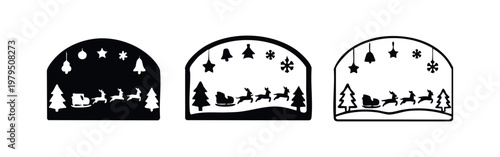 Santa's sleigh with reindeer and winter forest silhouette icon set