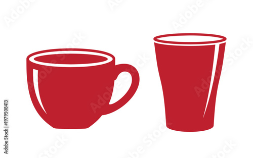 Red coffee cup and glass, simple drinkware