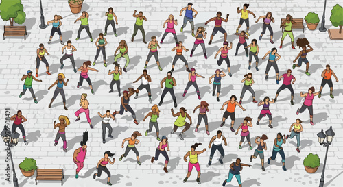 Outdoor group fitness dance class in public park, diverse people exercising in zumba workout session, isometric vector illustration of community aerobics