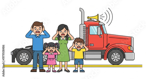 Family covering ears from loud truck horn noise pollution.